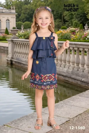 Girls Navy Blue Layered Dress with Embroidered Hem & Belt
