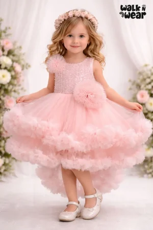 Girls Premium Pink Party Wear Net Dress with Floral Appliqué & Frill Layers