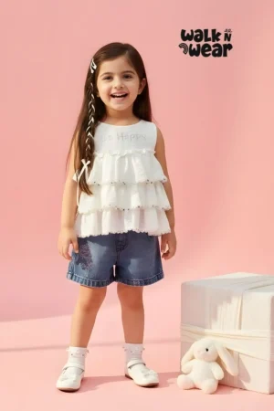 Girls White Layered Frill Top with Denim Shorts Set