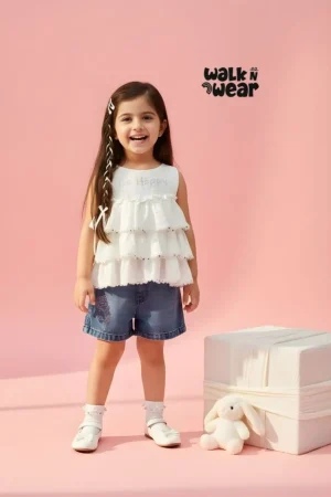Girls White Layered Frill Top with Denim Shorts Set